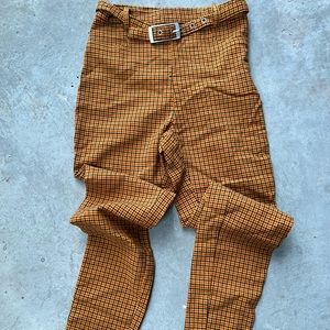 orange, yellow, black plaid skinny pants with belt & hidden side zipper closure